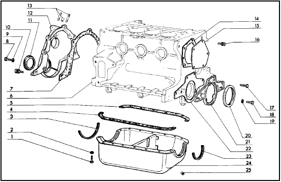 Fig. 1.23 Timing cover, sump pan and oil seals (Sec 16)