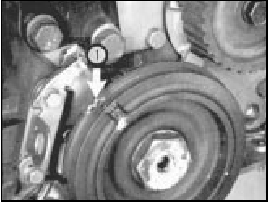 Fig. 1.28 TDC marks (1) at front of engine (Sec 28)