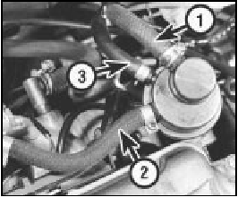 5C.9 Fuel hose identification at pump; inlet hose (1), hose to carburettor