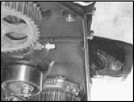 Fig. 13.18 Timing belt rear cover bolt (arrowed) - 1372 cc ie and Turbo ie