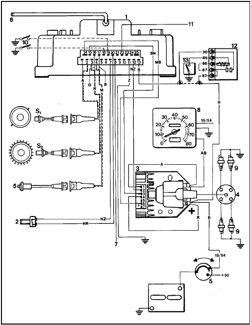 Fig. 13.73 Wiring diagram of the Microplex ignition system on the 1301 cc