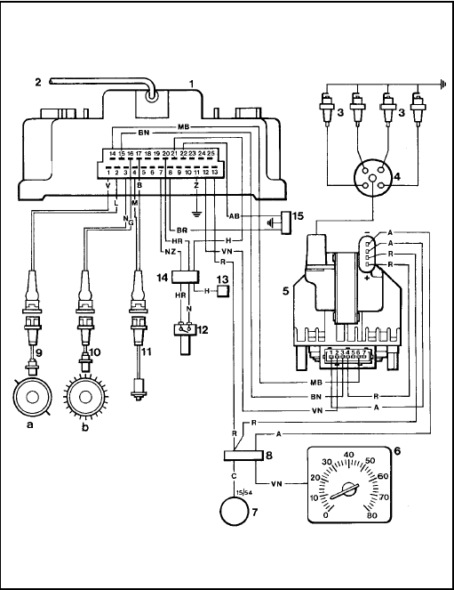 Fig. 13.74 Wiring diagram of the Microplex ignition system on the 1372 cc